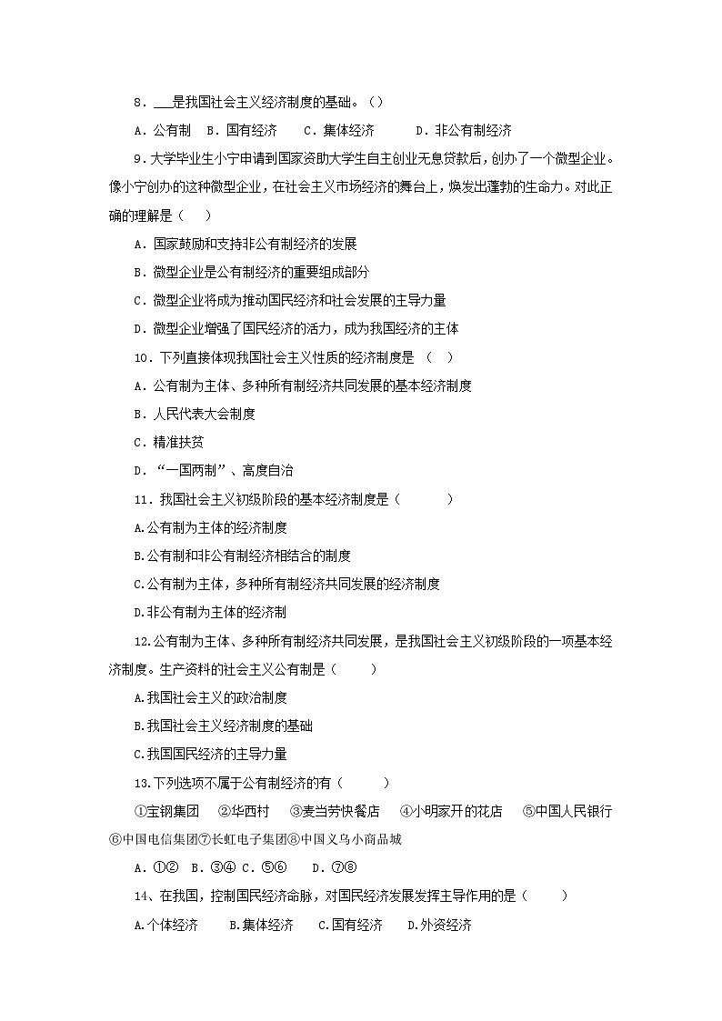 八年级下册道德与法治同步练习（基础+提升）《基本经济制度》（人教版）03