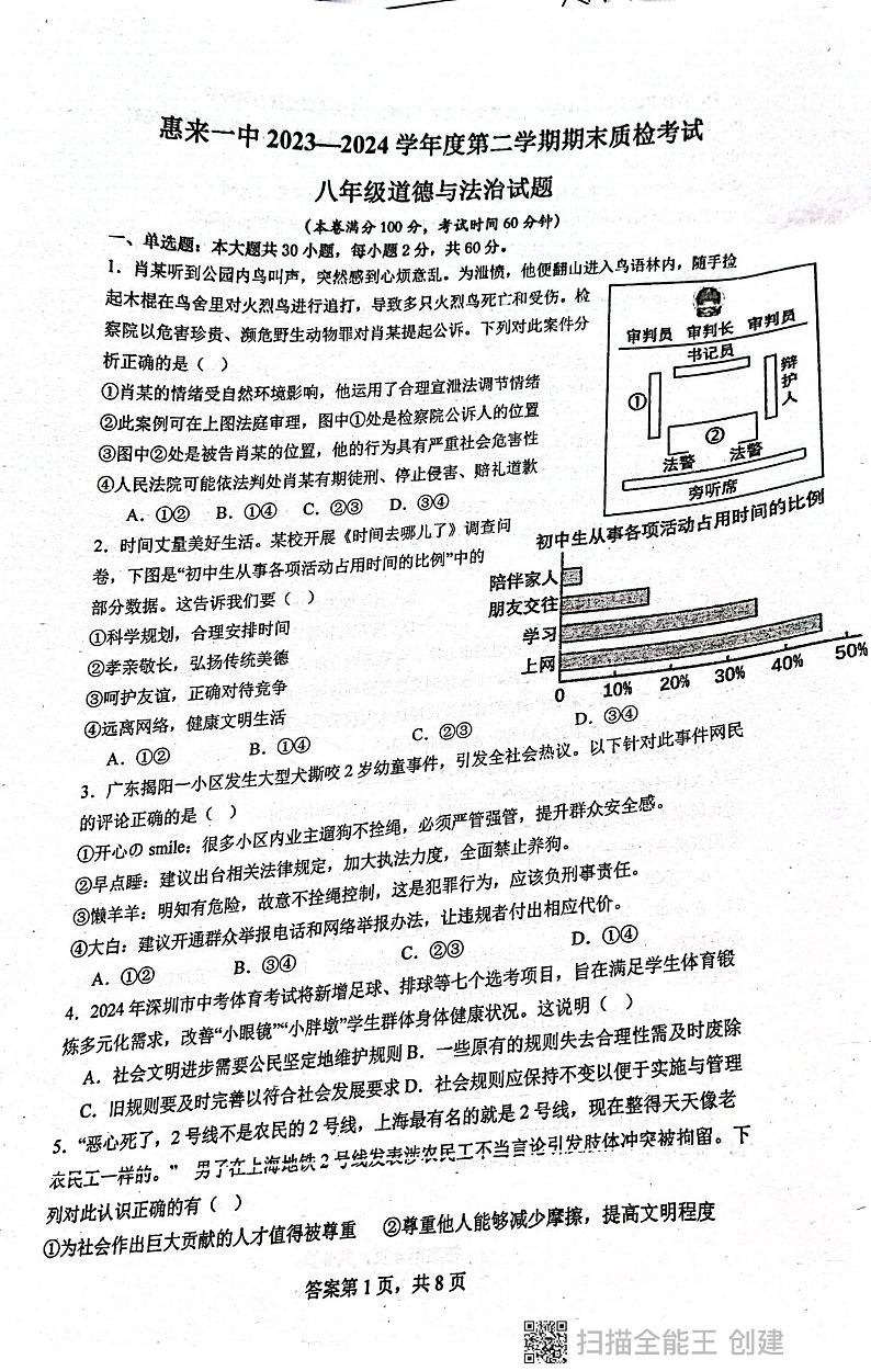 广东省揭阳市惠来县第一中学2023-2024学年八年级下学期6月期末道德与法治试题第1页