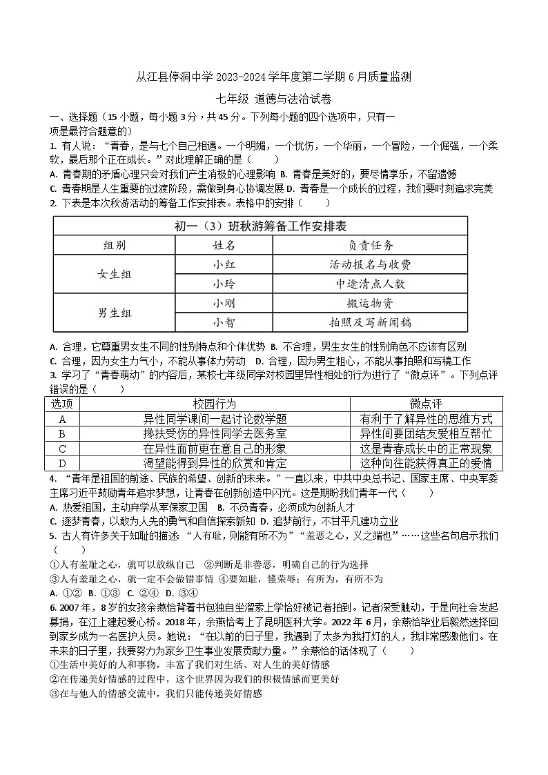 从江县停洞中学2023-2024学年度七年级下学期6月质量监测道德与法治试卷（文字版，含答案）第1页