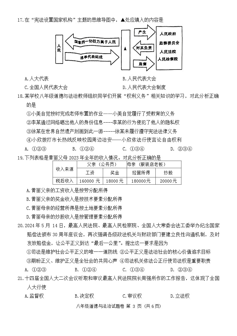 浙江省杭州市萧山区2023-2024学年八年级下学期期末考试道德与法治试卷第3页