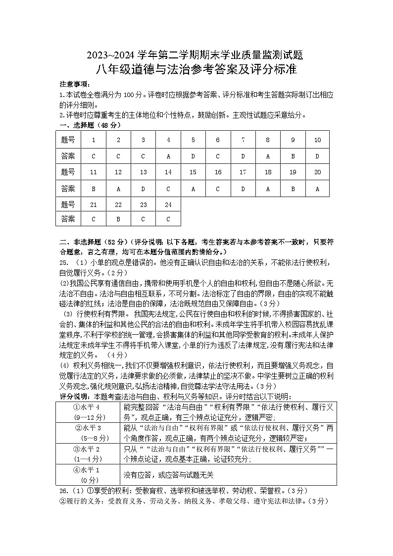 八年级道德与法治参考答案第1页