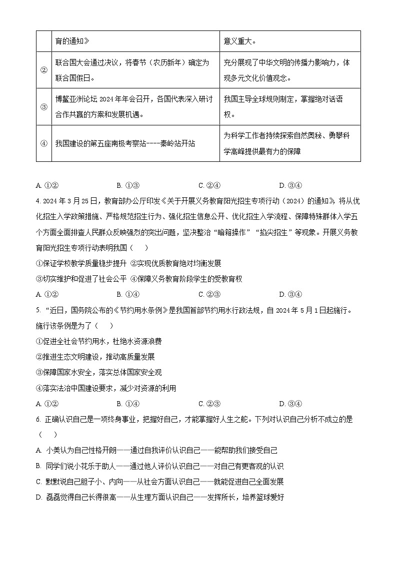 精品解析：福建省福州屏东中学2023-2024学年九年级下学期月考道德与法治试题（原卷版）第2页