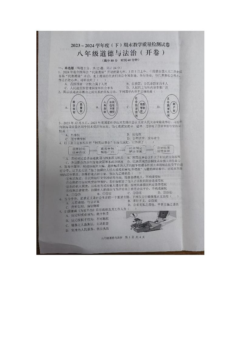 安徽省合肥市肥西县2023-2024学年八年级下学期6月期末道德与法治试题01