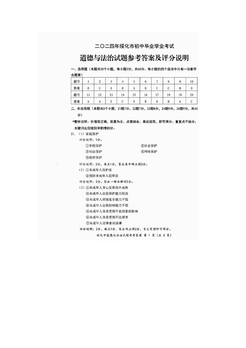 2024年黑龙江省绥化市中考道德与法治真题01