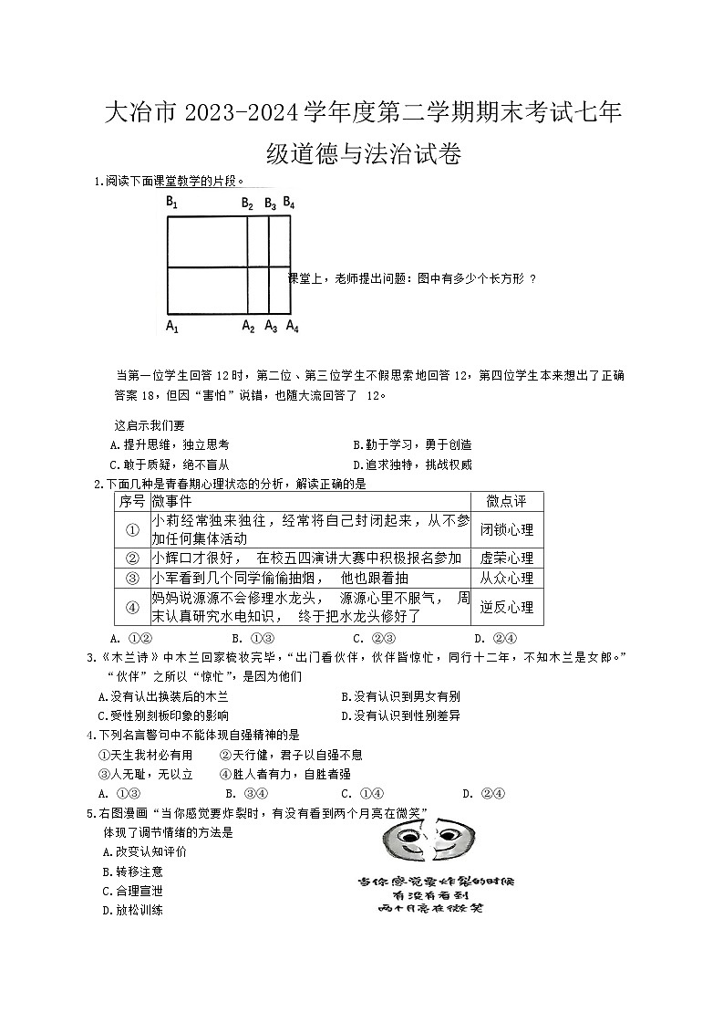 湖北省黄石市大冶市2023-2024学年七年级下学期期末考试道德与法治试卷（含答案）01
