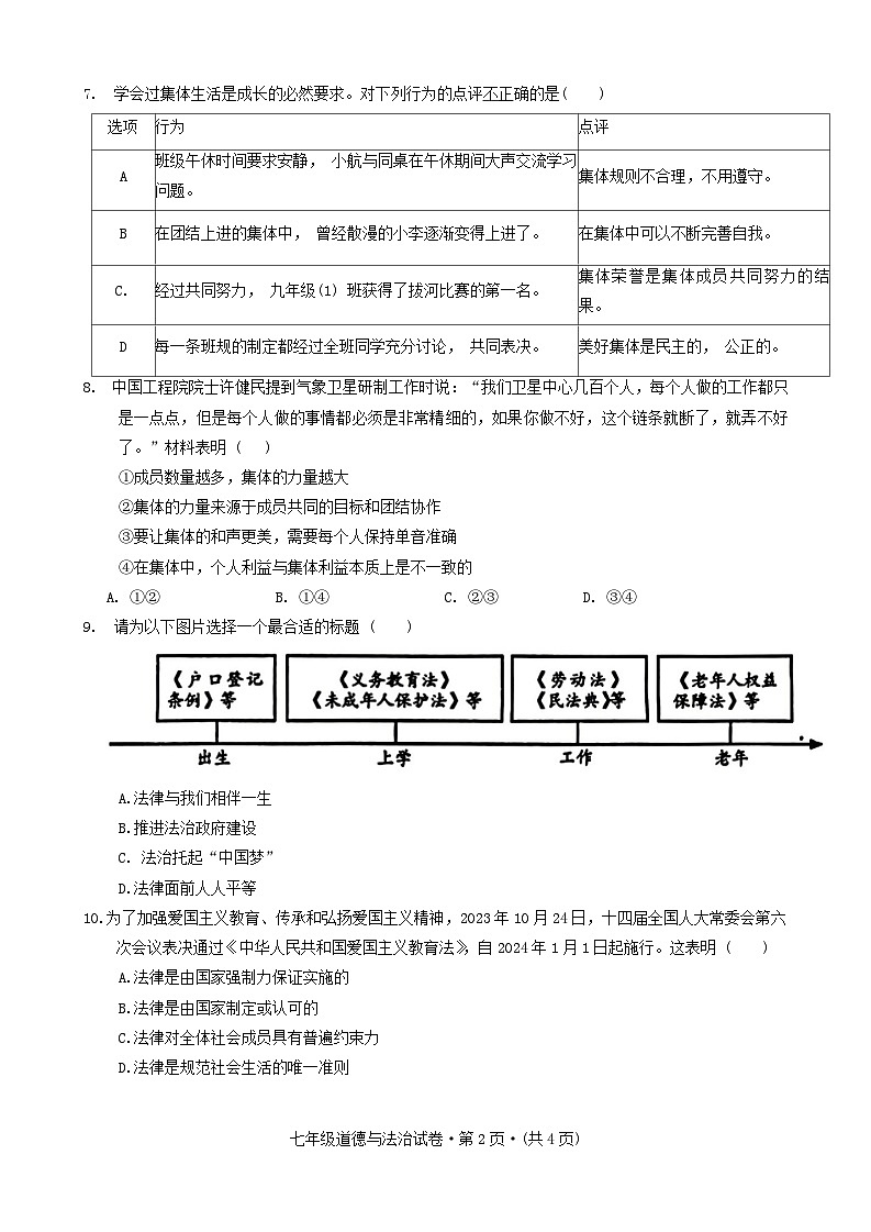 四川省泸州市合江县2023-2024学年七年级下学期期末考试道德与法治试题第2页