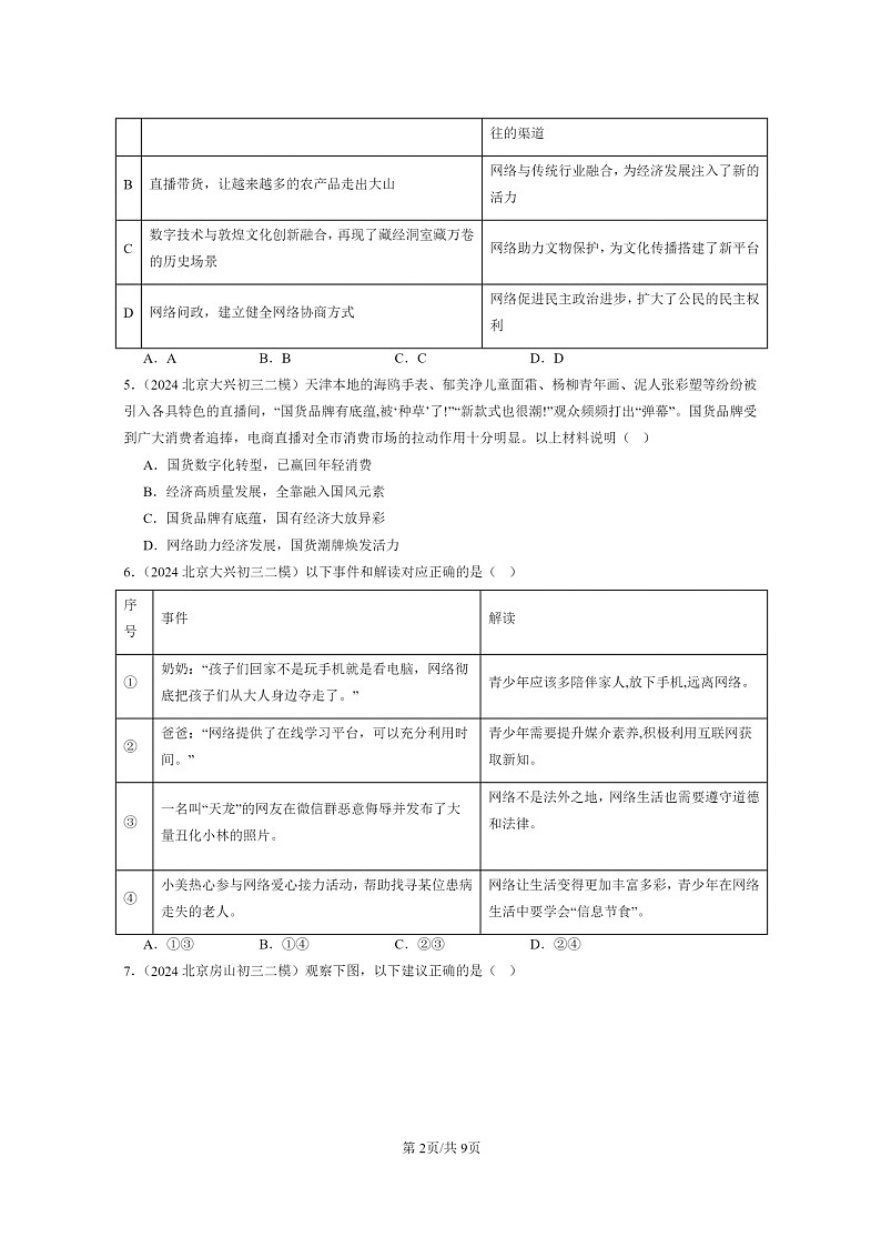 [政治][二模]2022～2024北京初三试题分类汇编：网络生活新空间第2页