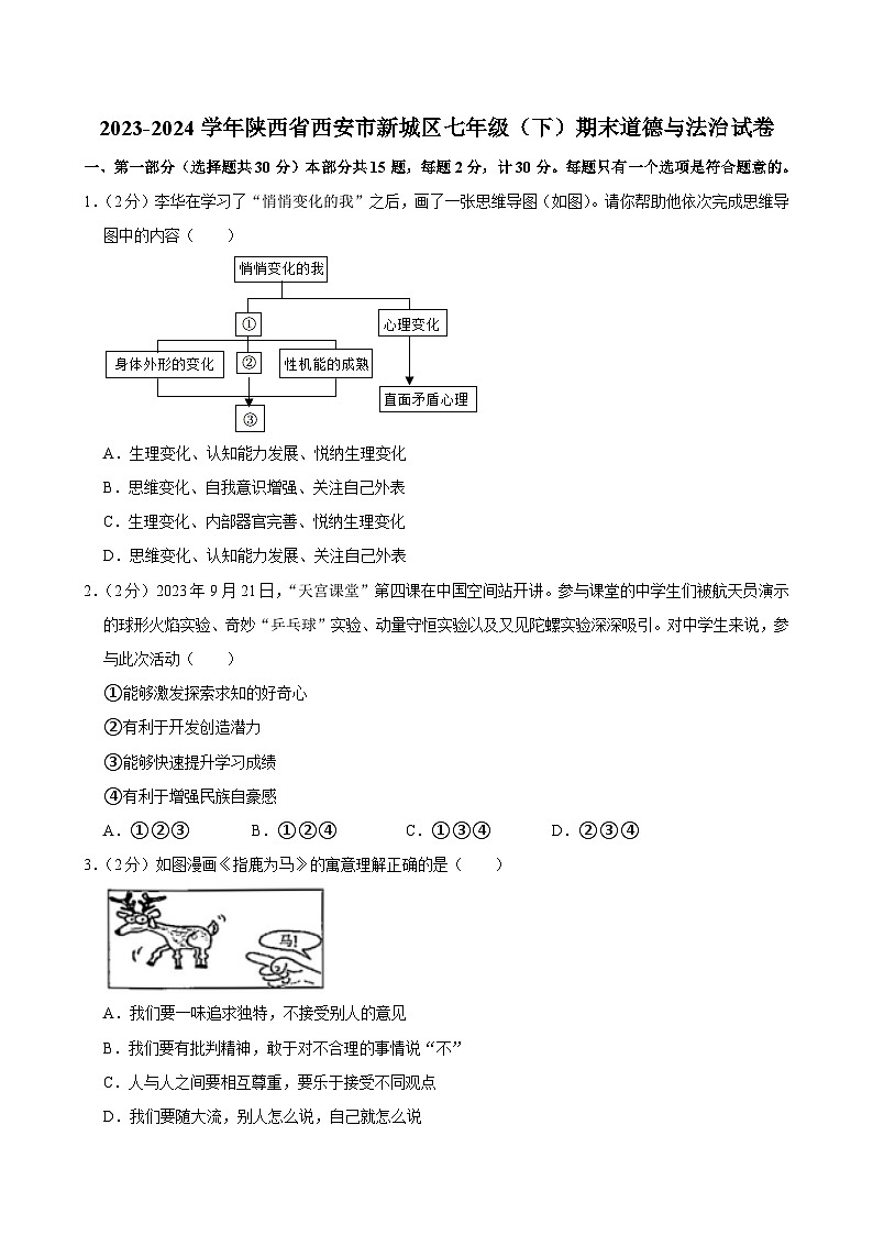 陕西省西安市新城区2023-2024学年七年级下学期6月期末道德与法治试题第1页