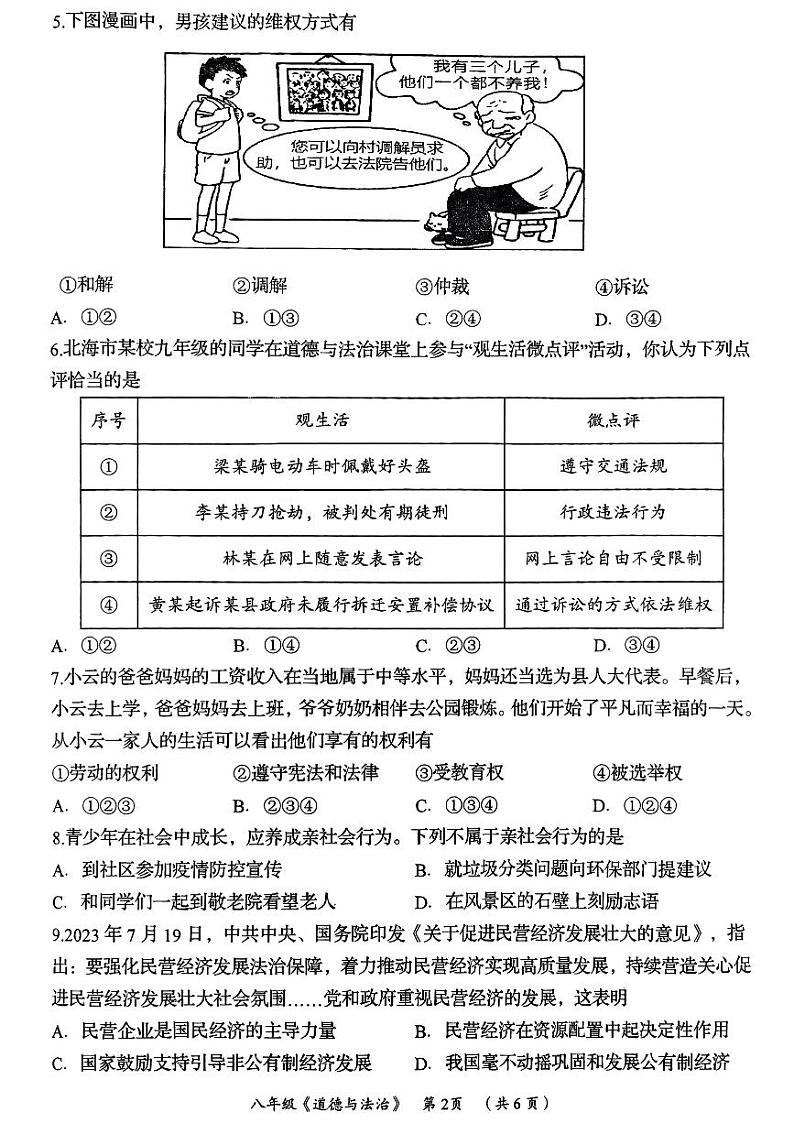 湖南省岳阳市岳阳县2023-2024学年八年级下学期期末考试道德与法治试卷02