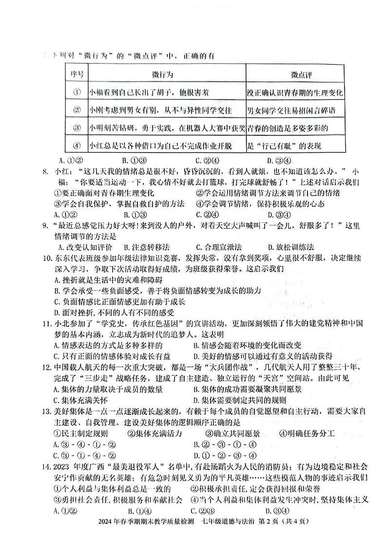 广西贵港桂平市桂平市 2023-2024学年七年级下学期期末道德与法治试卷02