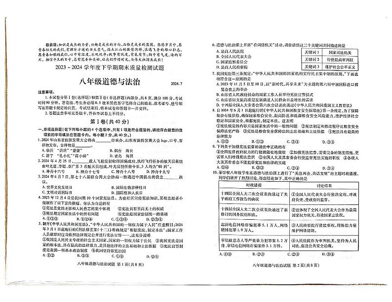 山东省临沂市兰山区2023-2024学年八年级下学期7月期末道德与法治试题第1页