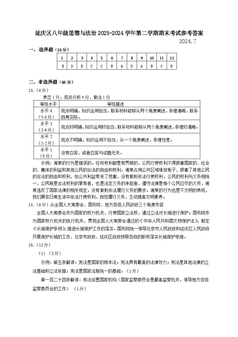 答案 八年级道德与法治 2023-2024第二学期期末考试参考答案(1) - 副本第1页