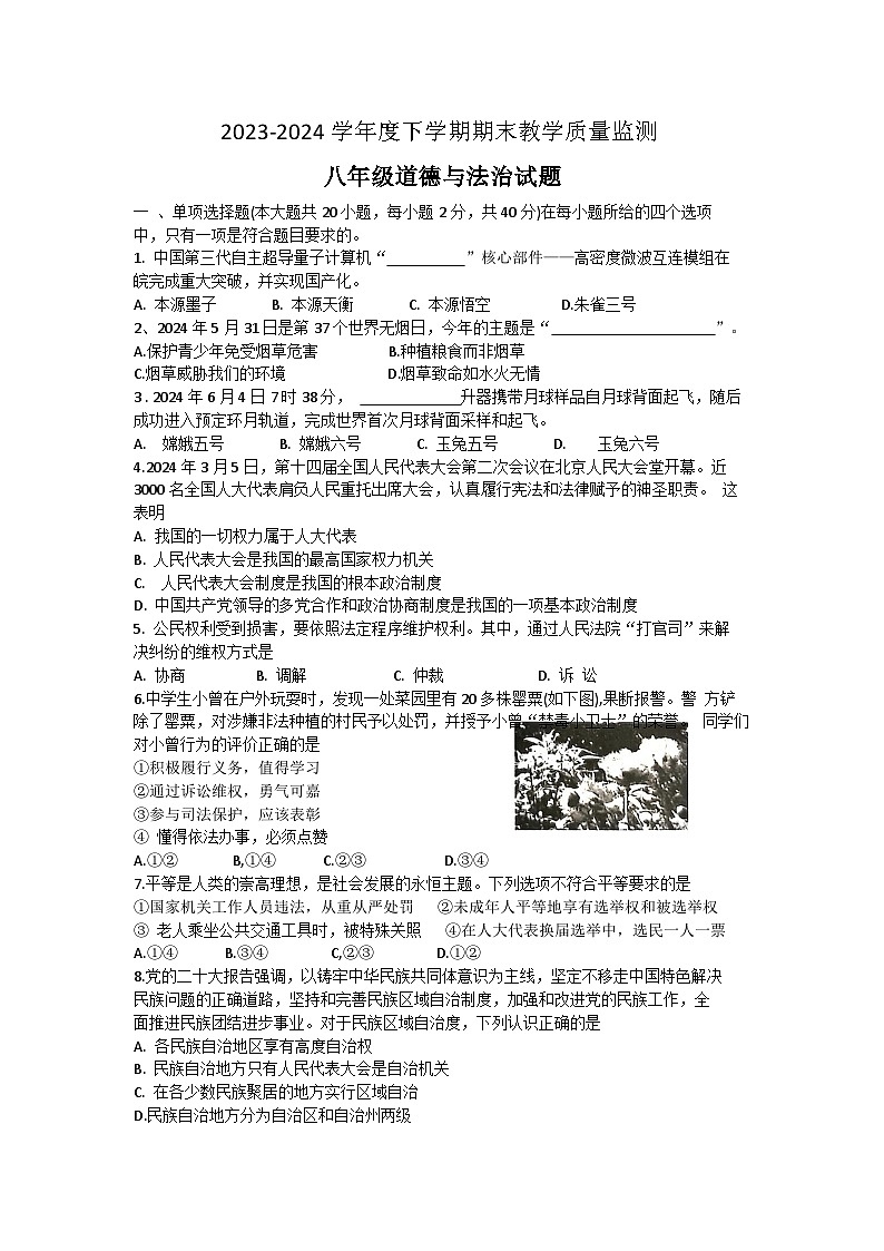 山东省临沂市沂南县 2023-2024学年八年级下学期期末道德与法治试题第1页