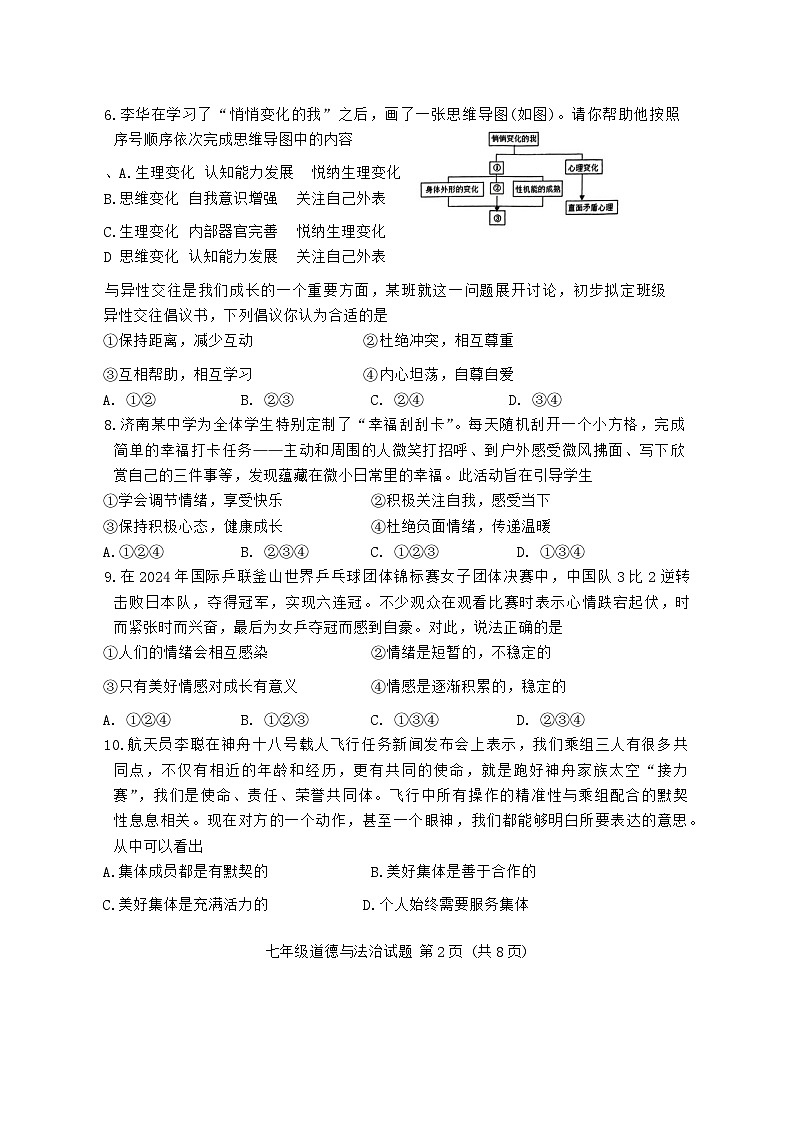 山东省济南市历城区2023-2024学年七年级下学期7月期末道德与法治试题02