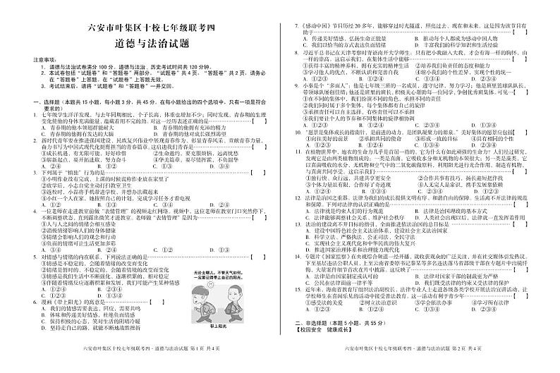 安徽省六安市叶集区十校2023-2024学年七年级下学期7月期末联考道德与法治试题01