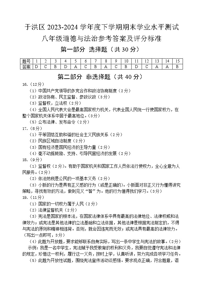 辽宁省沈阳市于洪区2023-2024学年八年级下学期期末学业水平测试道德与法治试卷01