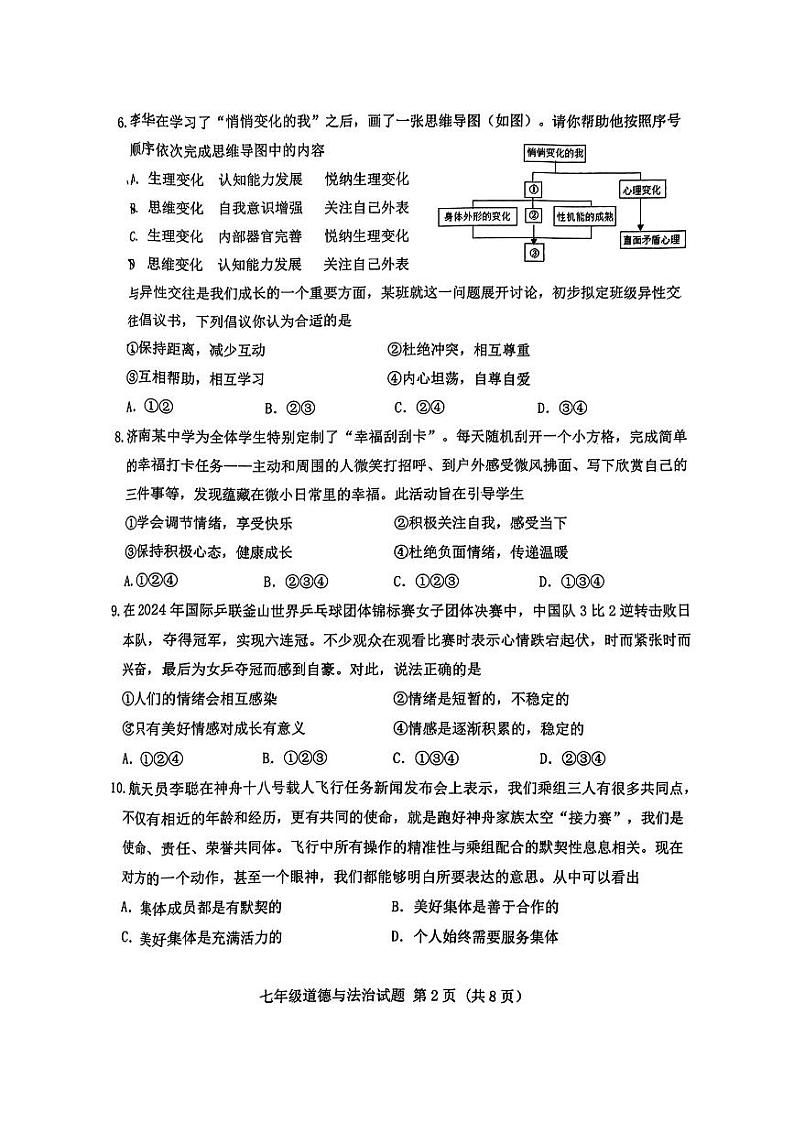 山东省济南市历城区2023-2024学年七年级下学期7月期末道德与法治试题02