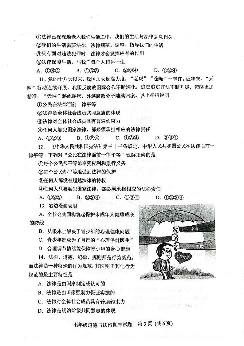山东省肥城市2023-2024学年（五四学制）七年级下学期期末考试道德与法治试题第3页