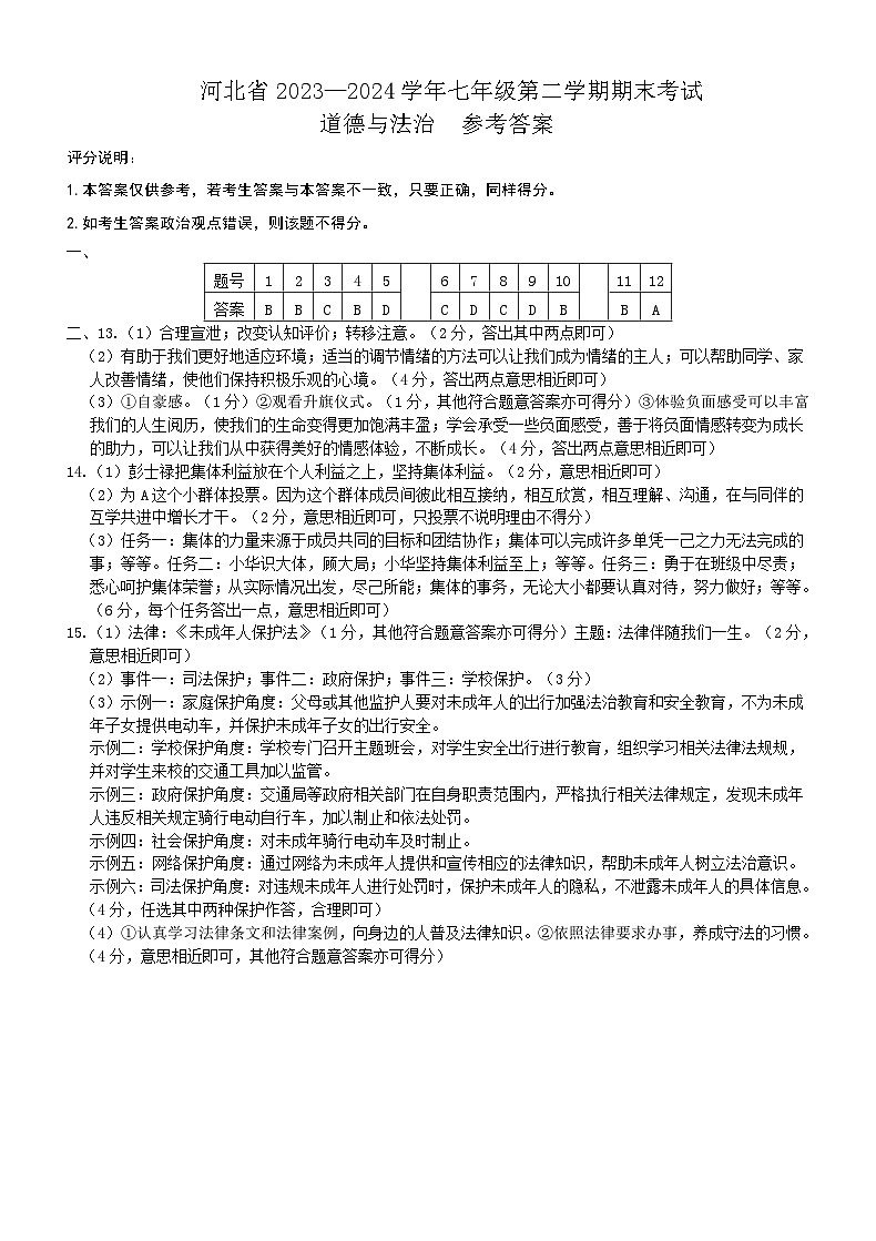 七年级道德与法治答案第1页