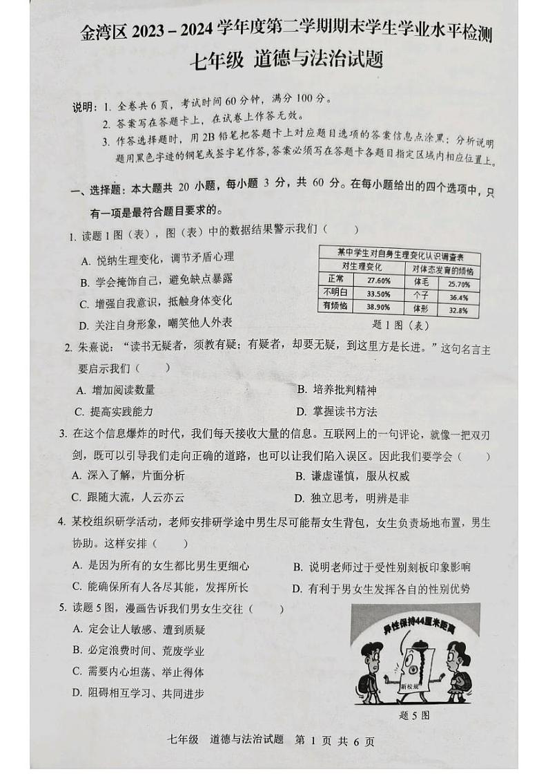 广东省珠海市金湾区2023-2024学年七年级下学期期末考试道德与法治试题第1页