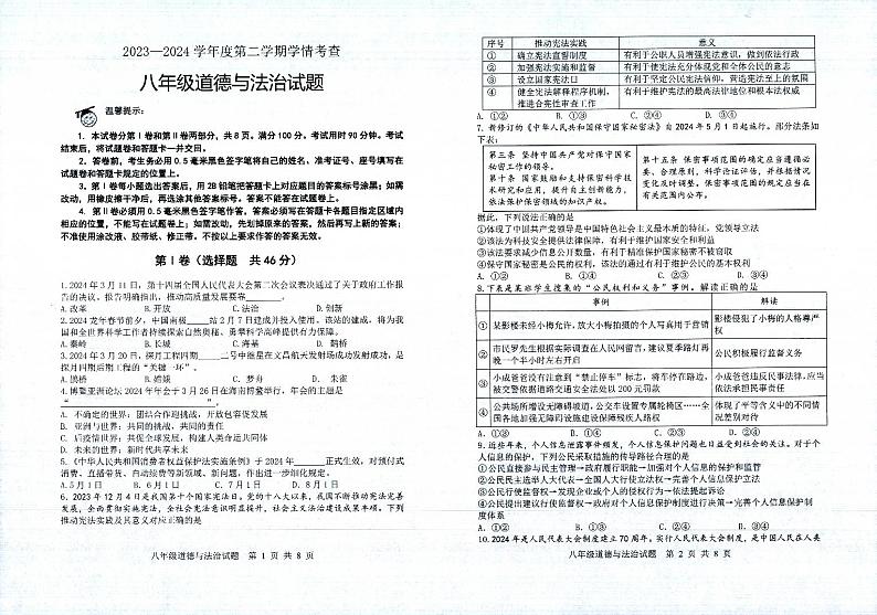 山东省邹平市2023-2024学年八年级下学期期末道德与法治试卷第1页