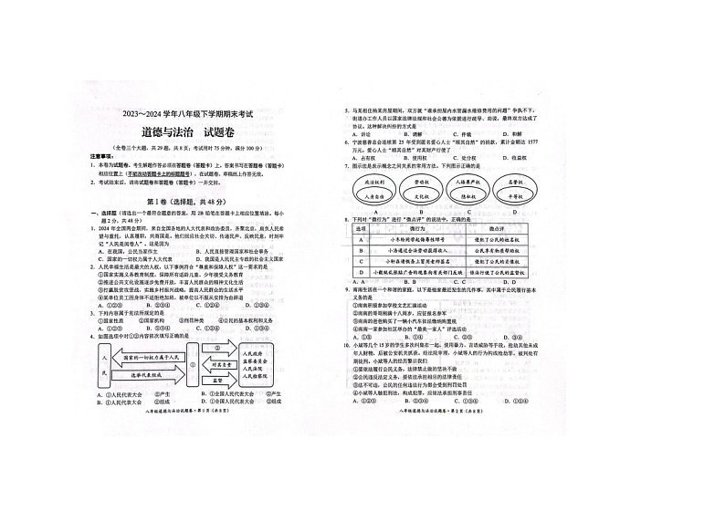 云南省昆明市西山区2023-2024学年八年级下学期7月期末道德与法治试题01