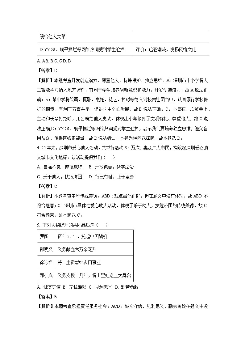 [政治]深圳市2024年中考真题试卷(解析版)02