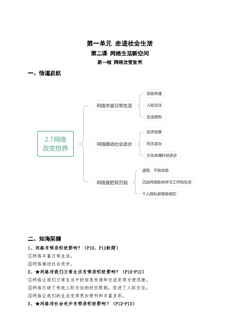 2.1网络改变世界----2024-2025学年八年级道德与法治上册（部编版） 导学案（含答案）01