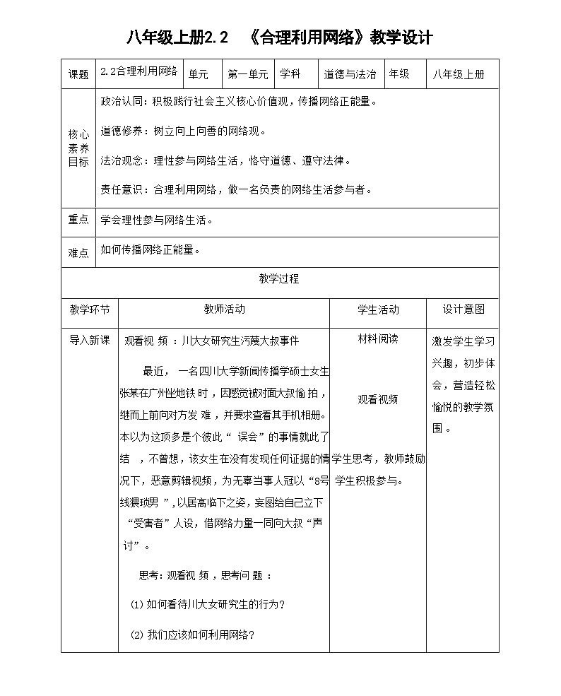 2.2合理利用网络 表格式教学设计-2024-2025学年八年级道德与法治上册（统编版）01
