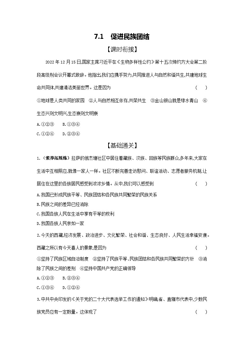 2024-2025学年道德与法治统编版九年级上册课时提高练 7.1促进民族团结（含答案）01