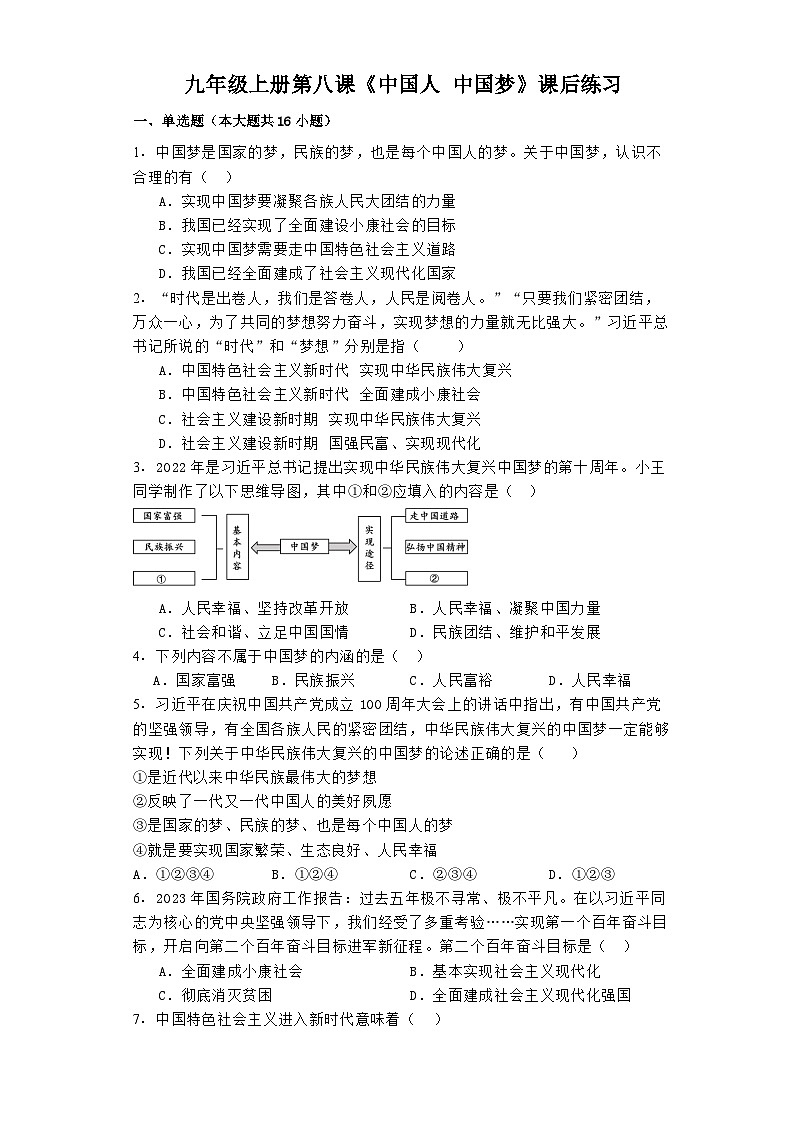 2024-2025学年道德与法治统编版九年级上册第8课《中国人 中国梦》课后练习（含答案）01