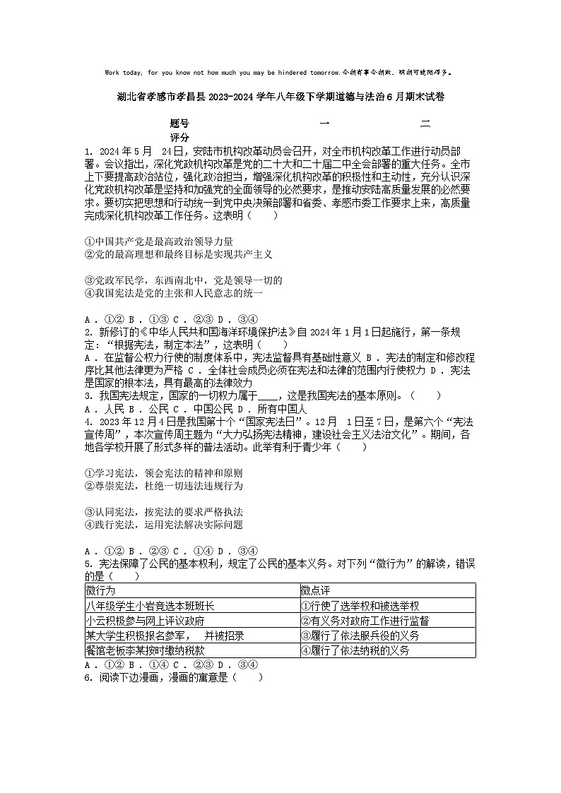 [政治][期末]湖北省孝感市孝昌县2023-2024学年八年级下学期道德与法治6月期末试卷01