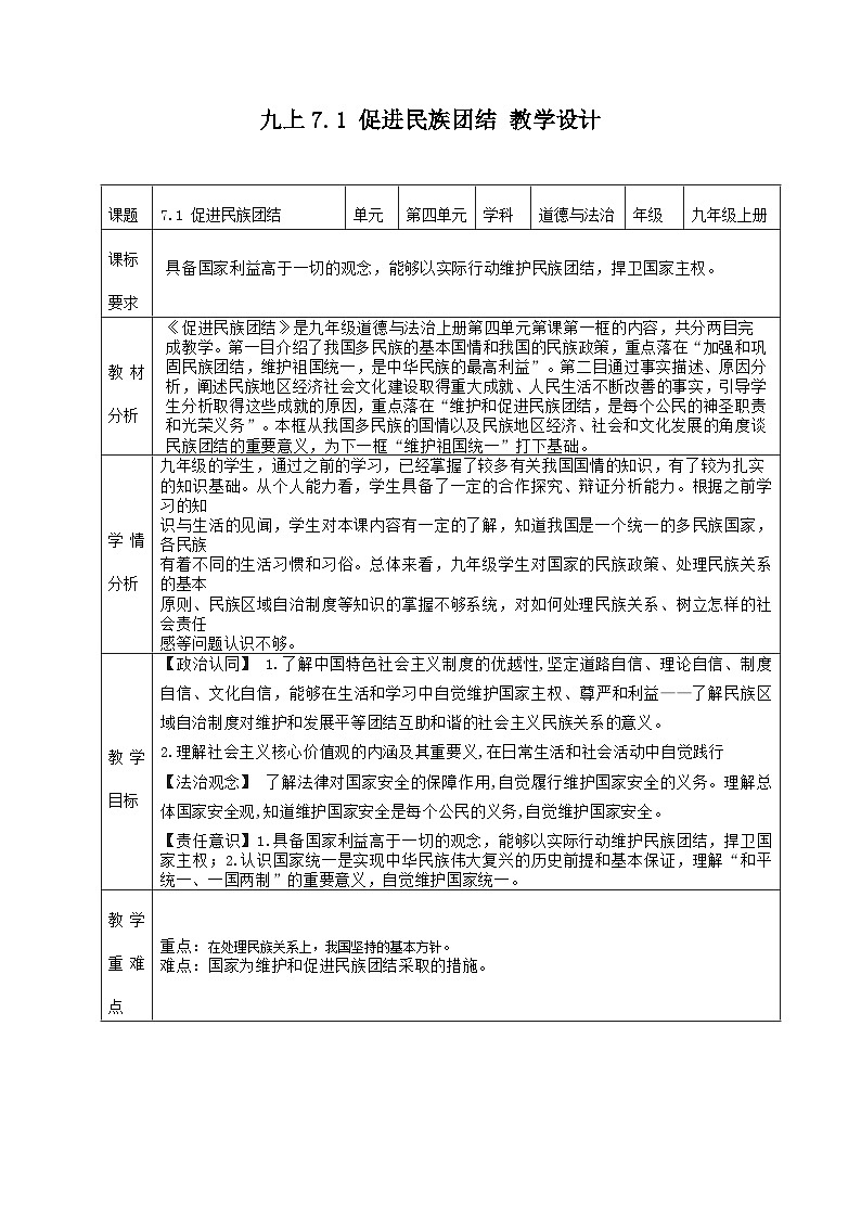 部编版道德与法治九年级上册 7.1 促进民族团结（教学课件+同步教案）01