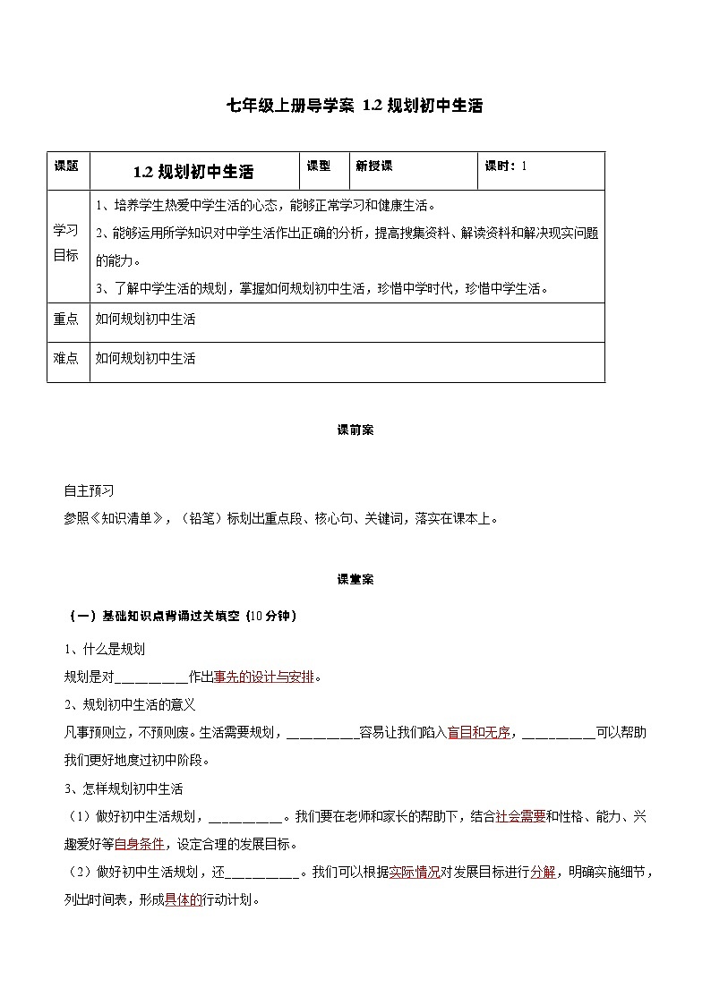 （人教版2024）七年级道德与法治上册 1.2 规划初中生活  同步课件+教案+导学案+同步练习+素材01