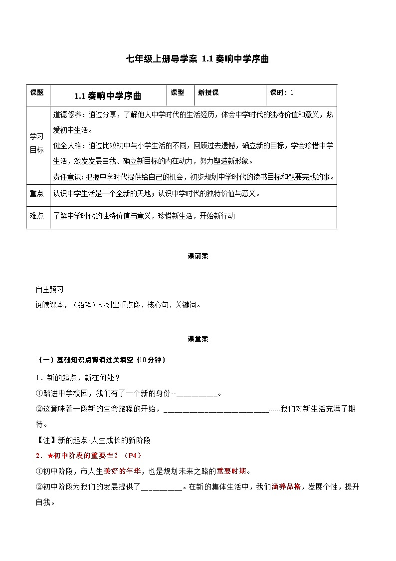 （人教版2024）七年级道德与法治上册 1.1 奏响中学序曲  同步课件+教案+导学案+同步练习+素材01