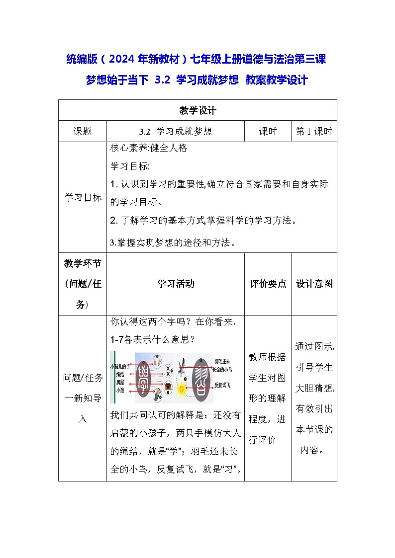 统编版（2024年新教材）七年级上册道德与法治第三课 梦想始于当下 3.2 学习成就梦想 教案教学设计01