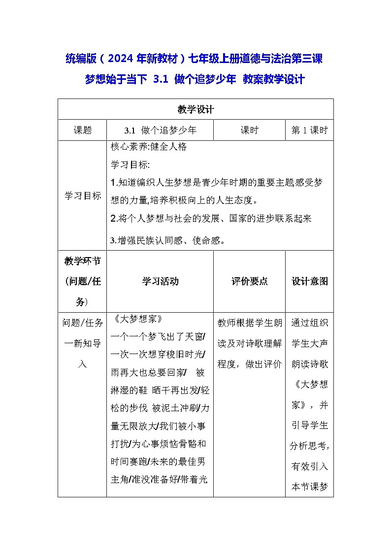 统编版（2024年新教材）七年级上册道德与法治第三课 梦想始于当下 3.1 做个追梦少年 教案教学设计第1页