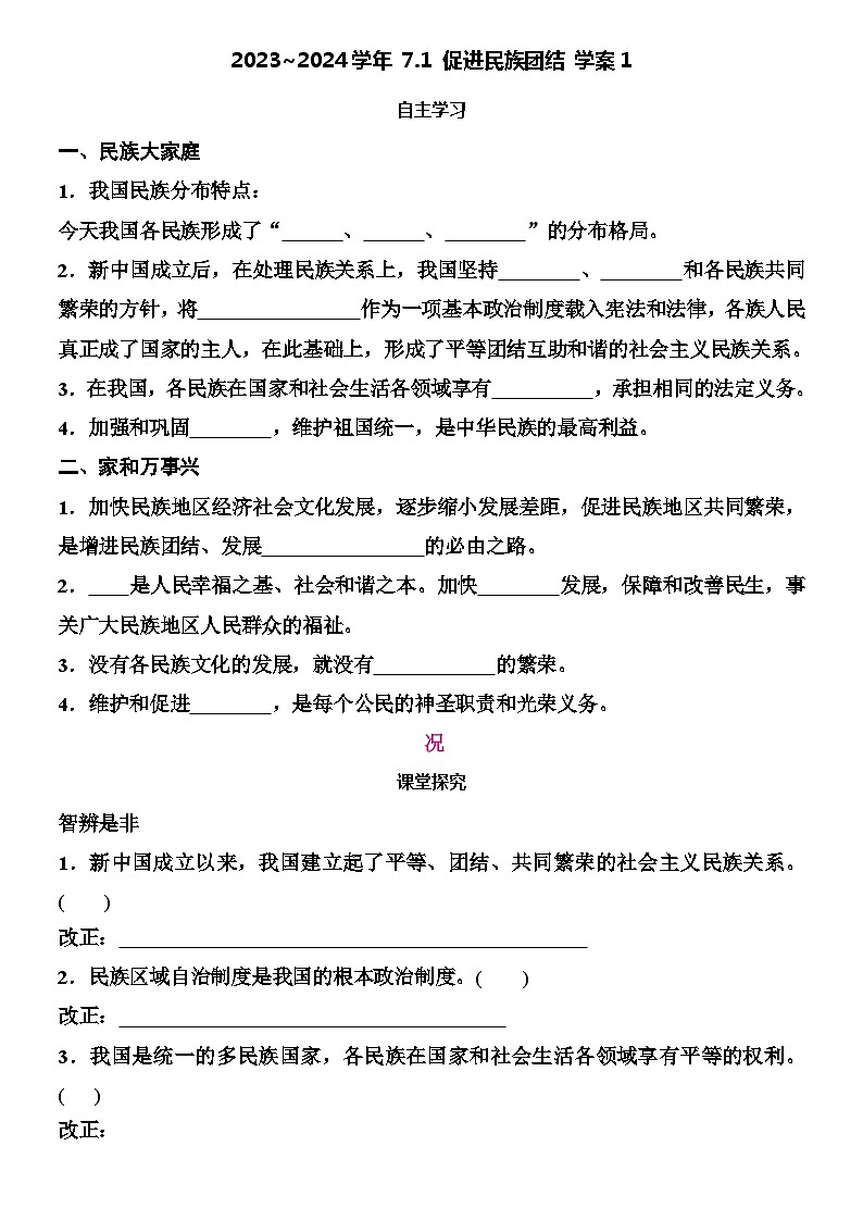 部编版道德与法治九年级上册  7.1 促进民族团结 学案101