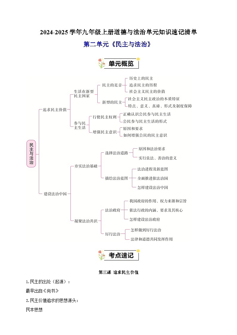 第2单元《民主与法治》-2024-2025学年九年级上册道德与法治单元知识讲义（人教版）01