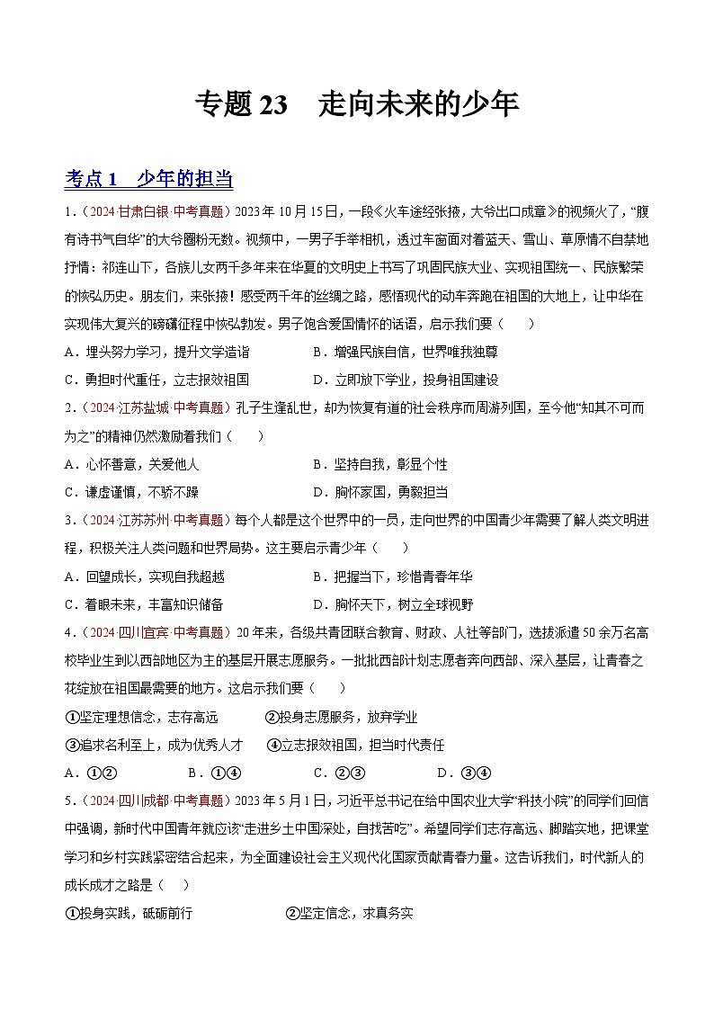 专题23 走向未来的少年（原卷版）第1页