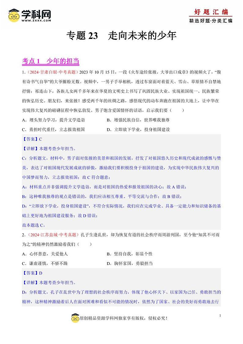 专题23 走向未来的少年（解析版）第1页