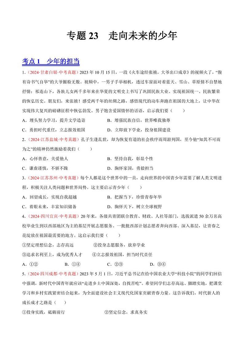 专题23 走向未来的少年（原卷版）第1页