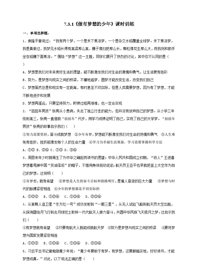 【核心素养】人教部编版道法七上 7.3.1《做有梦想的少年》课件+教案+学案+练习+素材01
