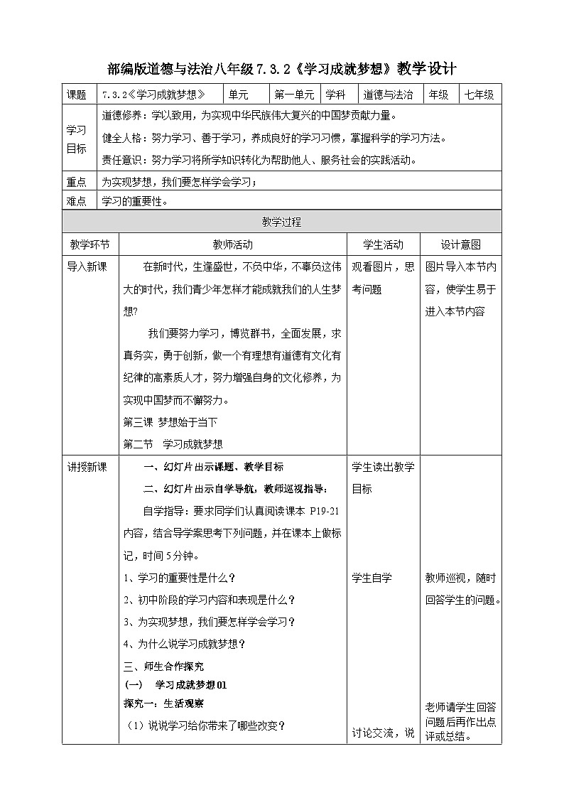 【核心素养】人教部编版道法七上 7.3.2《学习成就梦想》课件+教案+学案+练习+素材01