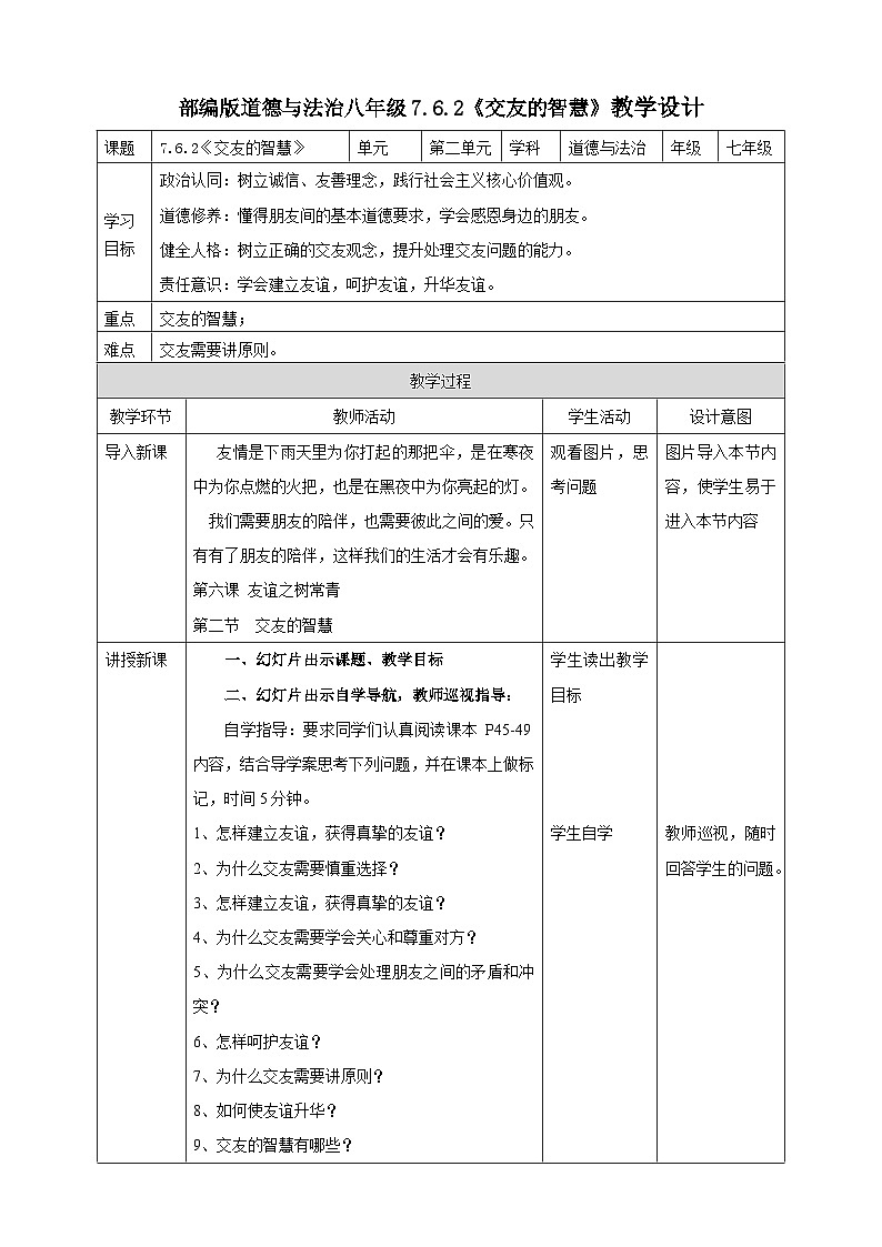 【核心素养】人教部编版道法七上 7.6.2《交友的智慧》课件+教案+学案+练习+素材01
