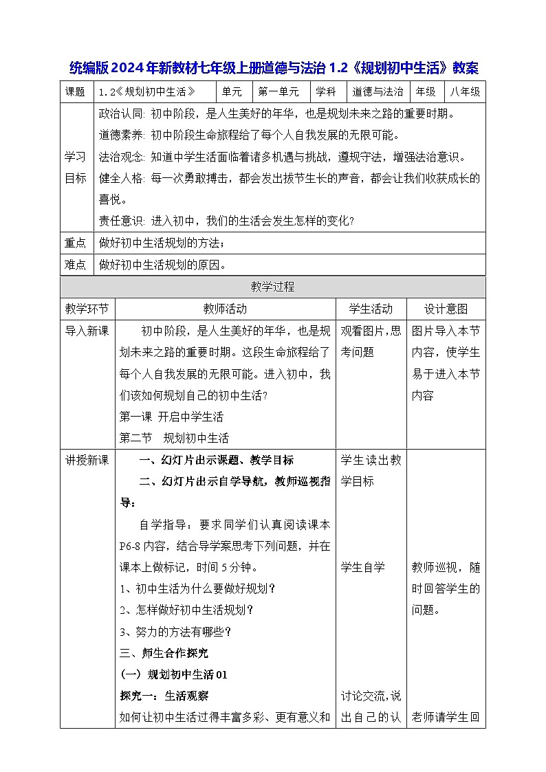 统编版2024年新教材七年级上册道德与法治1.2《规划初中生活》教案第1页