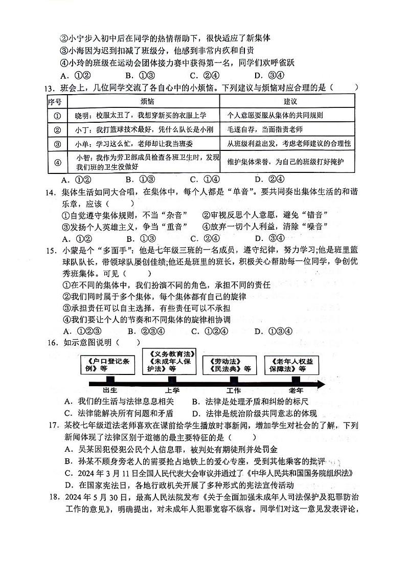 山东省临沂市郯城县2023-2024学年七年级下学期期末 道德与法治试题（PDF版）第3页
