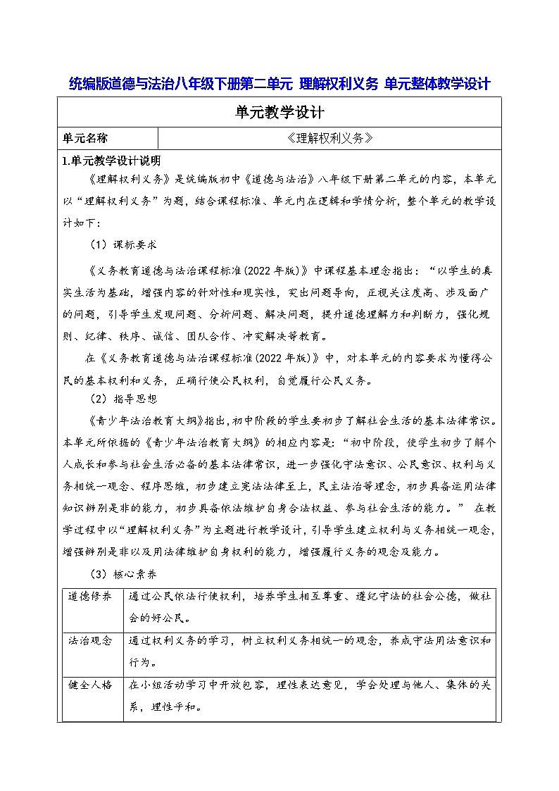 统编版道德与法治八年级下册第二单元 理解权利义务 单元整体教学设计第1页
