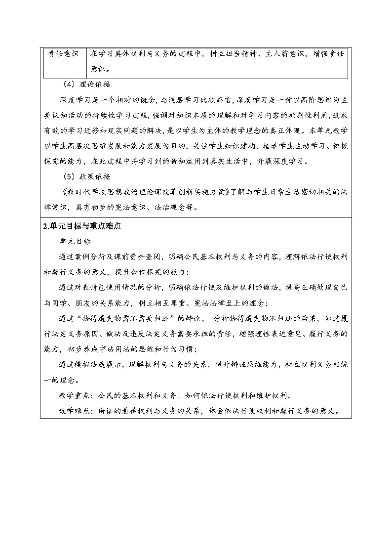 统编版道德与法治八年级下册第二单元 理解权利义务 单元整体教学设计第2页