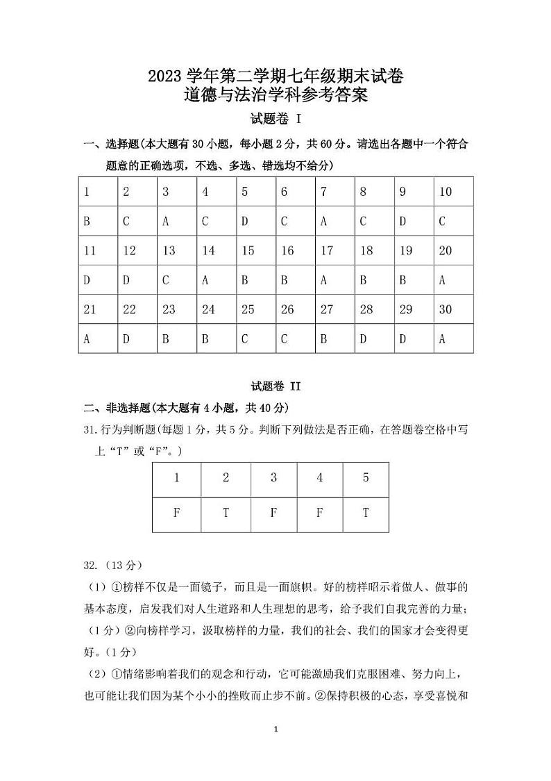 浙江省余姚市2023-2024学年七年级下学期期末道德与法治试卷01
